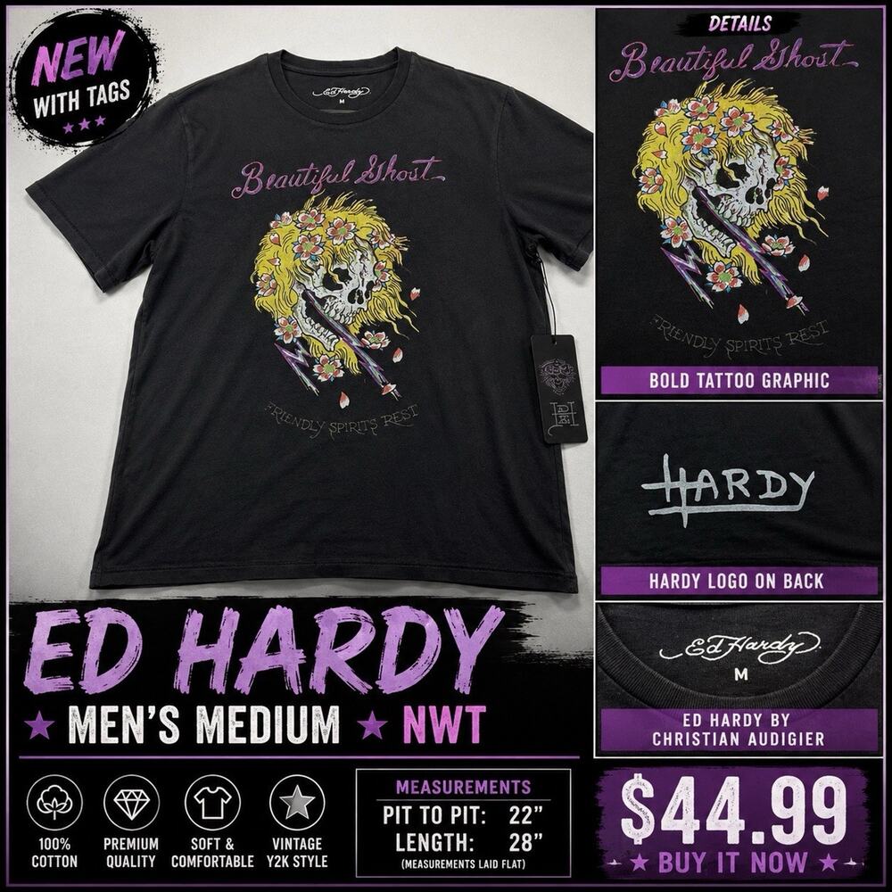 Ed Hardy T Shirt Men’s Medium Black Skull Floral Graphic Tattoo Y2K NWT